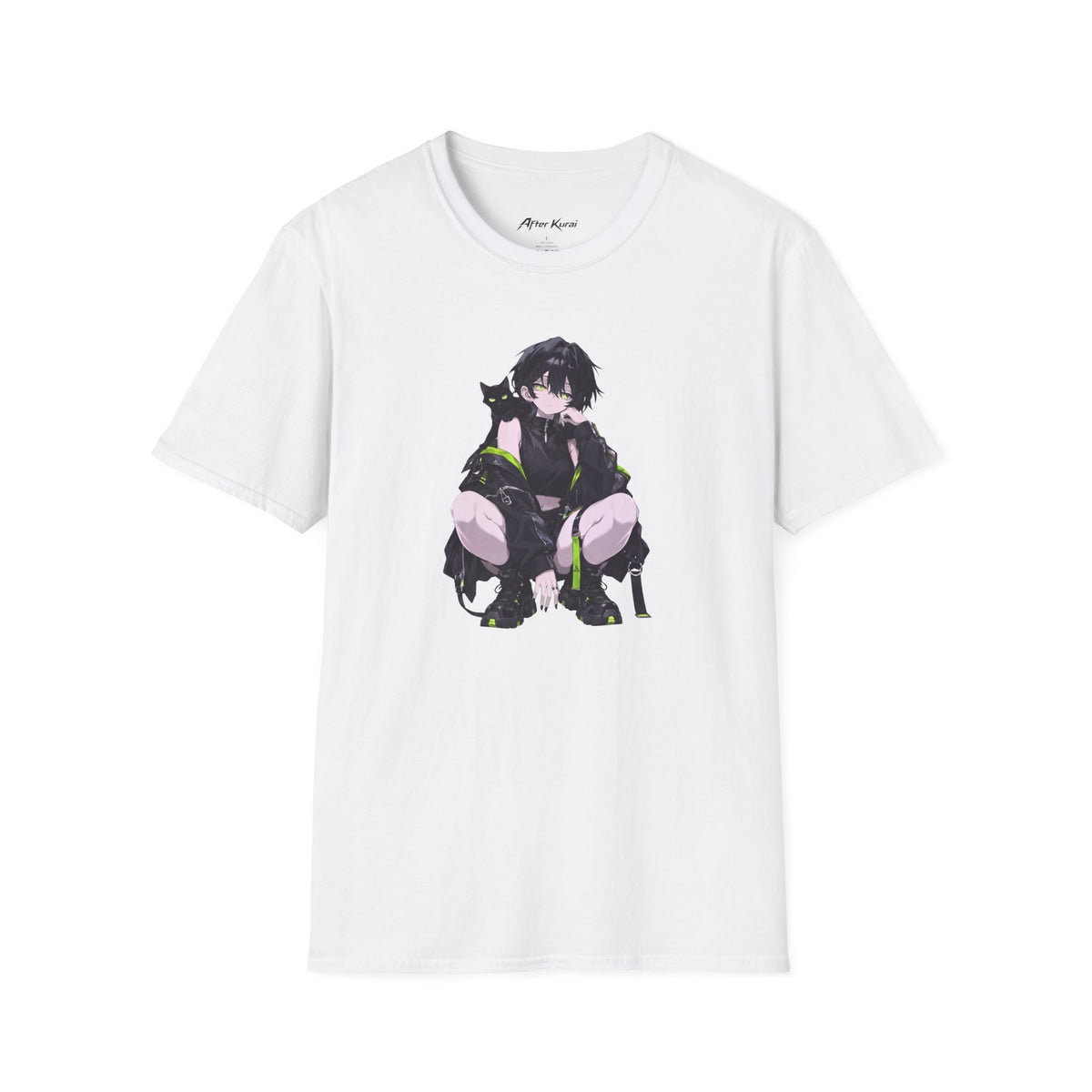 After Kurai Limewire graphic tee with a moody character, black cat, and lime accents