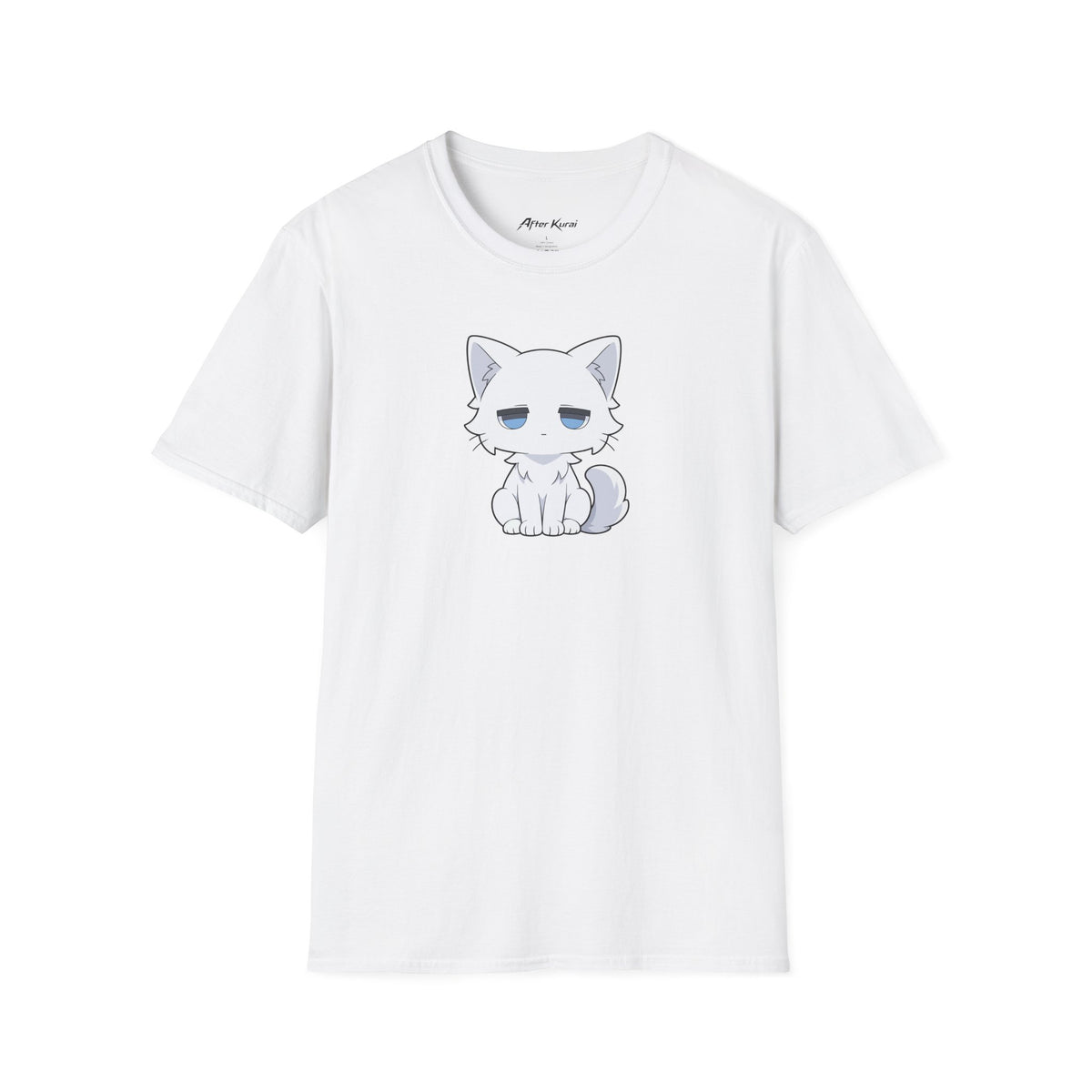 After Kurai Luna graphic tee with a sleepy white cat and soft blue eyes