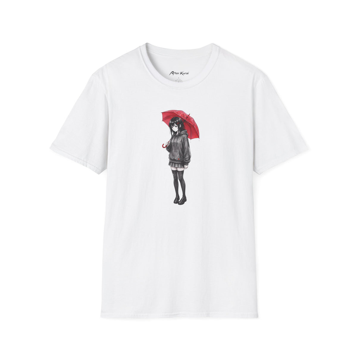 After Kurai Red Rain graphic tee with a solitary figure and bright red umbrella