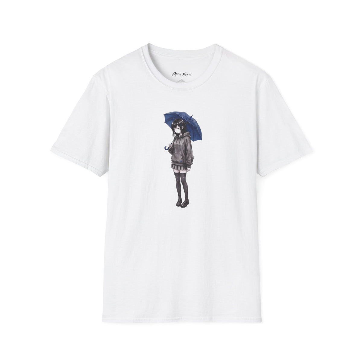 After Kurai Blue Rain graphic tee with a lone figure under a blue umbrella