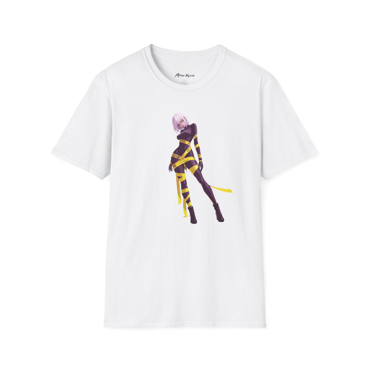 After Kurai Caution graphic tee with black-and-white character art and yellow caution tape
