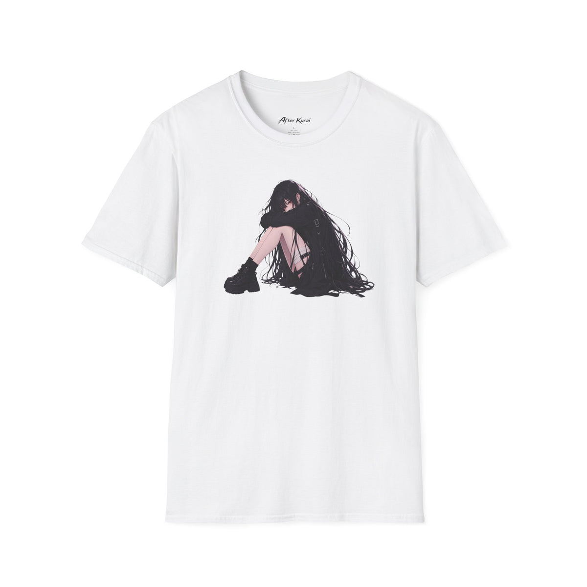 After Kurai Alone graphic tee with a solitary anime-inspired character curled up