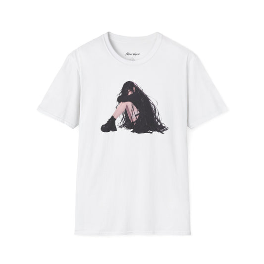 After Kurai Alone graphic tee with a solitary anime-inspired character curled up