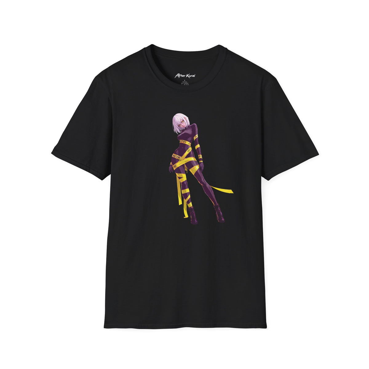 After Kurai Caution graphic tee with black-and-white character art and yellow caution tape