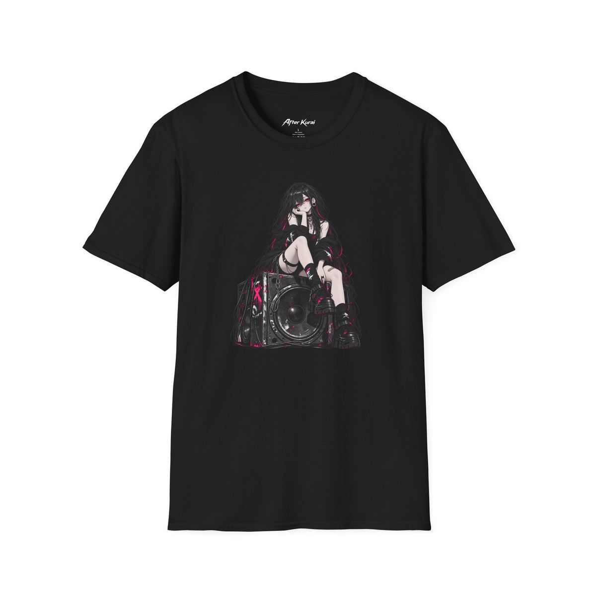 After Kurai Pink Noise graphic tee with anime-inspired character sitting on a speaker