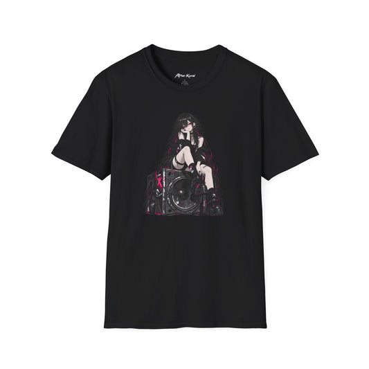 After Kurai Pink Noise graphic tee with anime-inspired character sitting on a speaker
