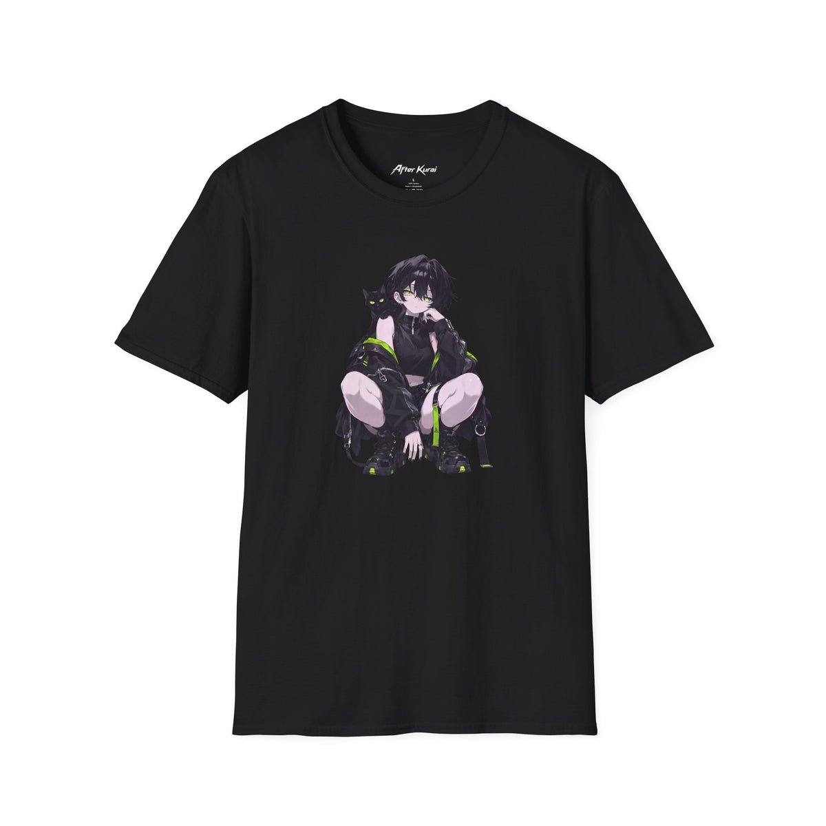 After Kurai Limewire graphic tee with a moody character, black cat, and lime accents