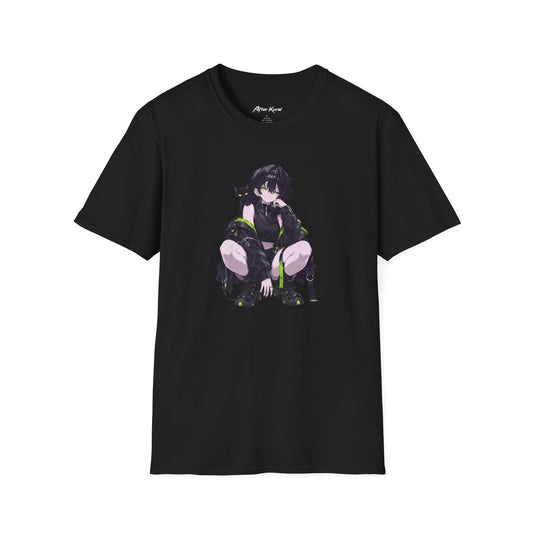 After Kurai Limewire graphic tee with a moody character, black cat, and lime accents