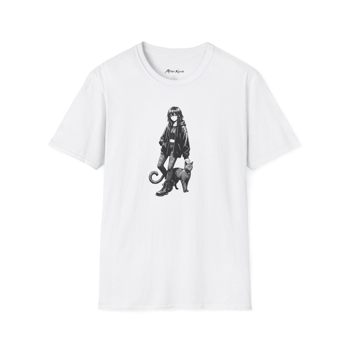 After Kurai Night Familiar graphic tee with a hooded character and cat at night