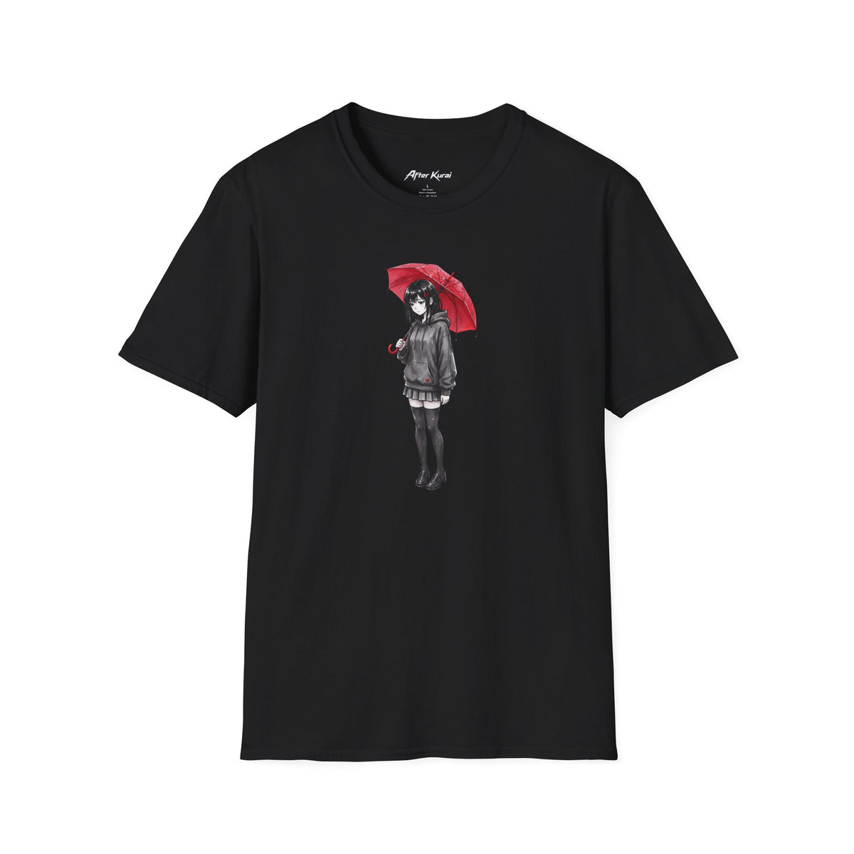 After Kurai Red Rain graphic tee with a solitary figure and bright red umbrella