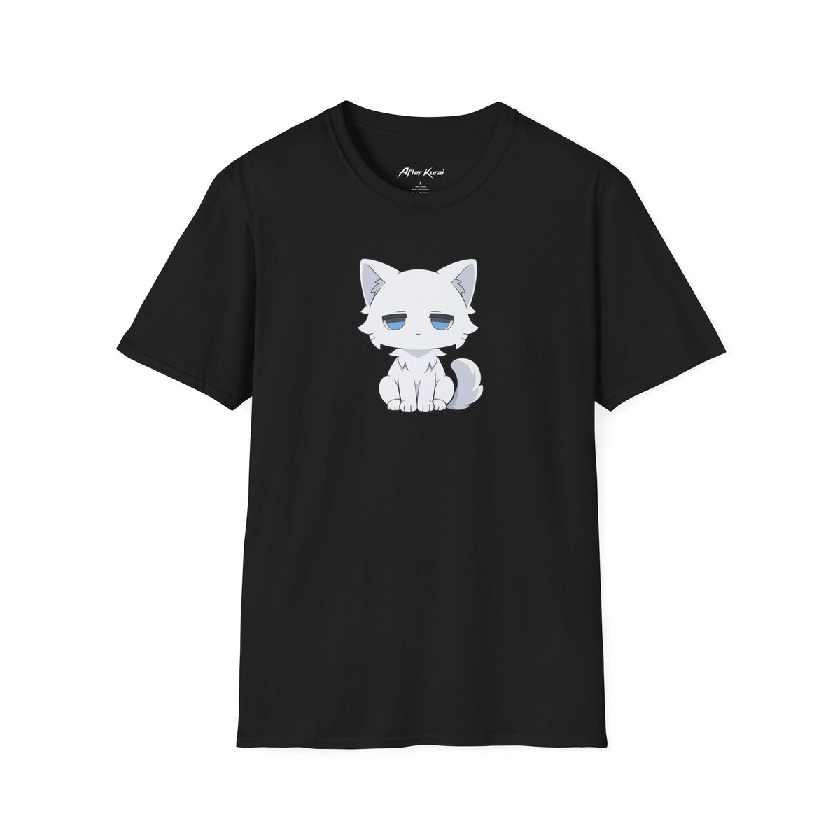 After Kurai Luna graphic tee with a sleepy white cat and soft blue eyes
