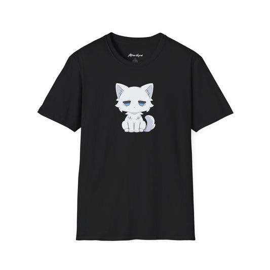 After Kurai Luna graphic tee with a sleepy white cat and soft blue eyes