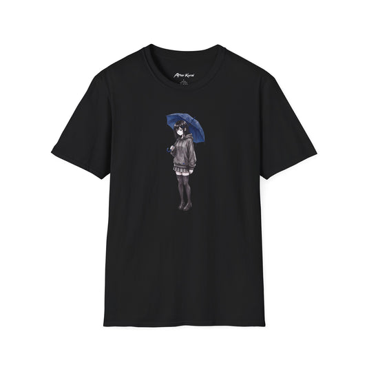 After Kurai Blue Rain graphic tee with a lone figure under a blue umbrella